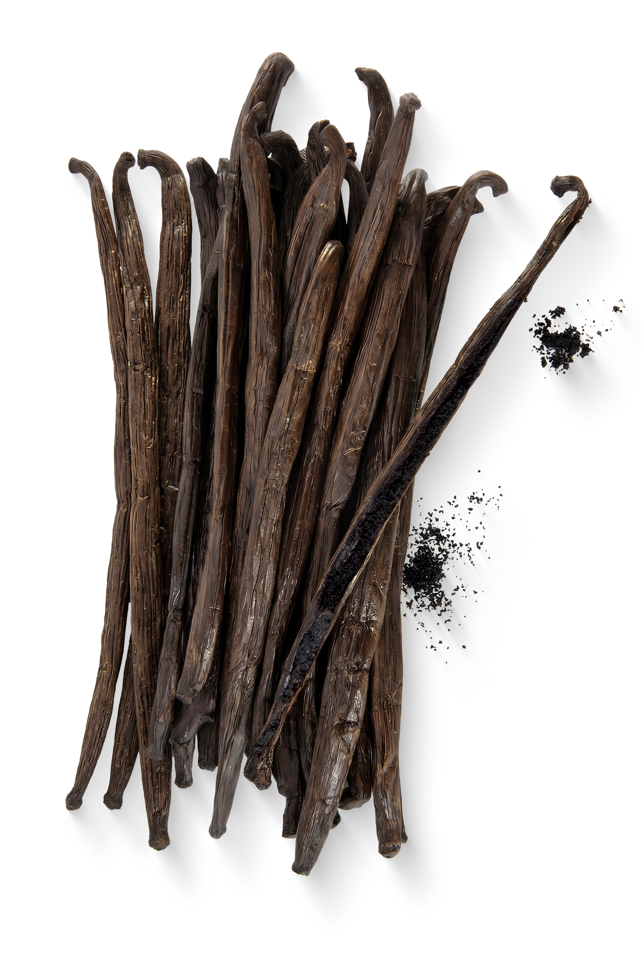 VanillaBros premium Madagascar Bourbon vanilla bean bundle with one split pod showing rich dark vanilla caviar seeds
