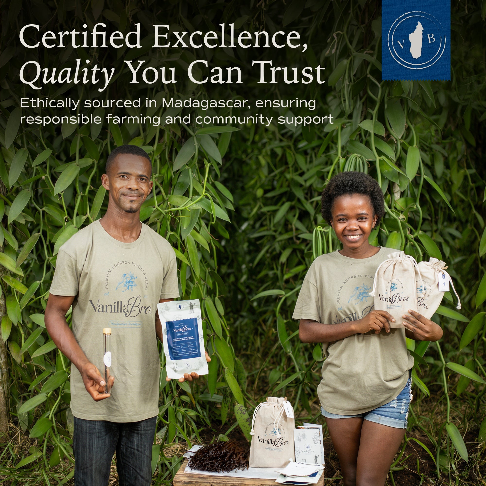VanillaBros Madagascar farmers smiling and holding premium vanilla bean products and cotton gift bags on the plantation - ethically sourced, community supported