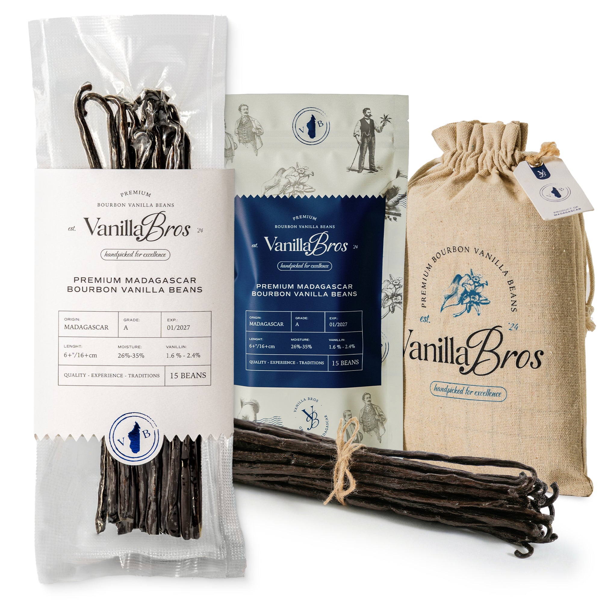 VanillaBros Premium Madagascar Bourbon Vanilla Beans 15-bean pack shown in vacuum bag, resealable pouch and cotton gift bag