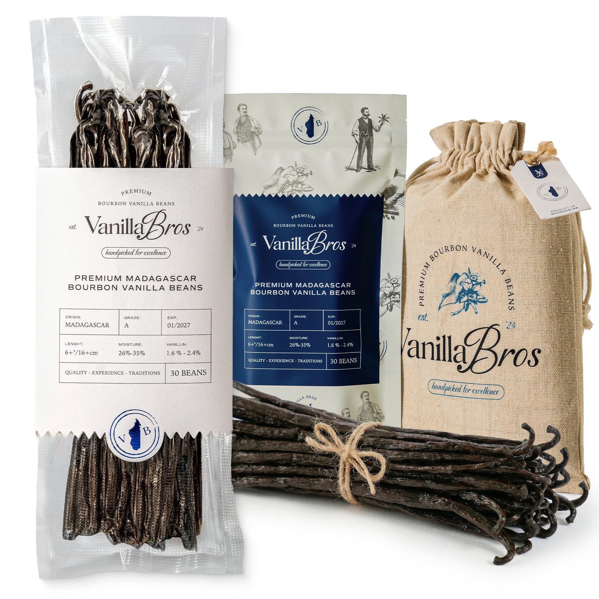 VanillaBros Premium Madagascar Bourbon Vanilla Beans 30-bean pack shown in vacuum bag, resealable pouch and cotton gift bag