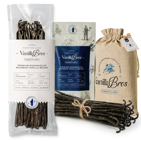 VanillaBros Premium Madagascar Bourbon Vanilla Beans 30-bean pack shown in vacuum bag, resealable pouch and cotton gift bag