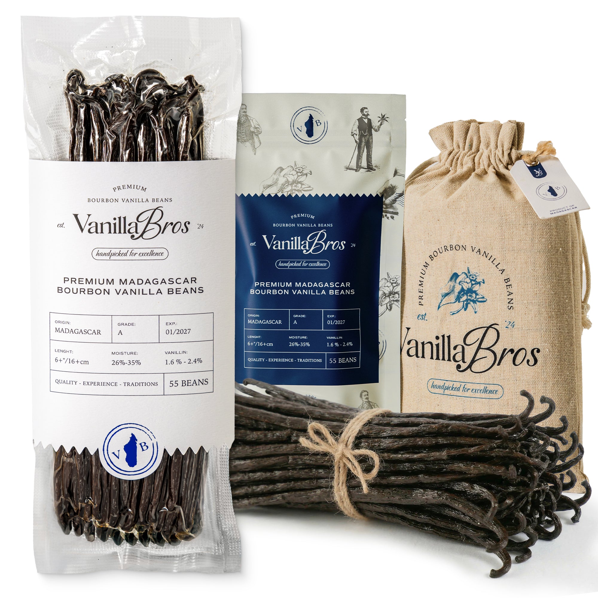 VanillaBros Premium Madagascar Bourbon Vanilla Beans 55-bean pack shown in vacuum bag, resealable pouch and cotton gift bag