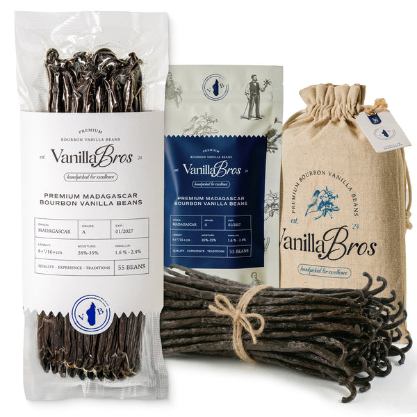 VanillaBros Premium Madagascar Bourbon Vanilla Beans 55-bean pack shown in vacuum bag, resealable pouch and cotton gift bag