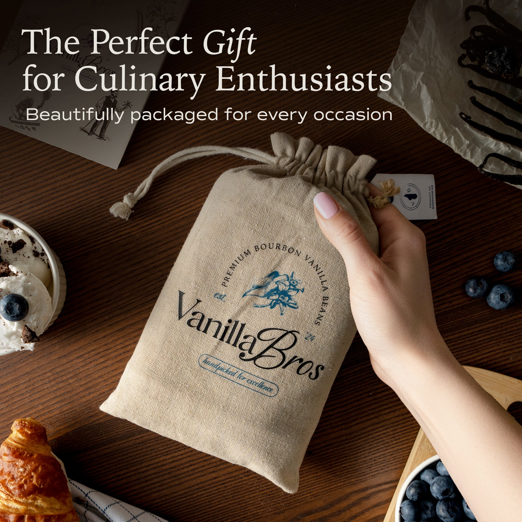 VanillaBros vanilla beans in premium branded cotton gift bag - perfect gourmet gift for bakers