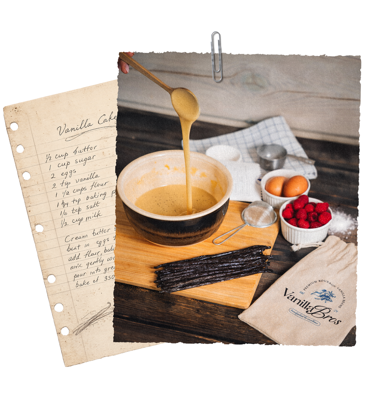 VanillaBros Madagascar vanilla beans used in homemade vanilla cake batter with handwritten recipe, eggs, raspberries and branded cotton bag